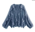 Detail of navy blue chiffon blouse showing multi-layered ruffles and front button closure - XS / Blue