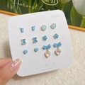 Blue S925 silver stud earrings set featuring bear, floral, and heart charms on card - GAJ10 Fresh Set / 6 Pairs Set