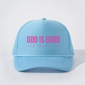 Light blue retro trucker hat with pink God Is Good slogan and breathable mesh back - Sky Blue