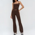 Brown yoga set featuring a strapless crop top and high-waist flared pants with V-waistband - S / Top And Bottom / Coffee