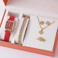 Luxury gold watch set with red leather strap and matching diamond jewelry accessories - Red Strap Gold Rhombus Jewelry Set (A10)
