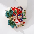 Baroque mask brooch with colorful enamel leaves and gold-plated alloy details - Red