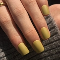 Short matte mustard yellow press on nails with square shape on grey sweater background - Matte Mustard Green (JP3194)