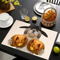 Linen Halloween placemat with wizard dog and carved pumpkins on black dining table - Style 8