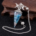Triple moon silver pendulum with blue crystal chips and copper wire in resin cone - Apatite