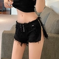 Schlanke schwarze Denim-Hotpants mit seitlichen Reißverschlüssen und Schnürung - S / Schwarz