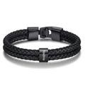 Men's double-layered black braided leather bracelet with custom name engraved on metal bead - Black Clasp - 1 Name