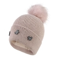 Women's warm winter knitted beanie with faux fur pompom and butterfly rhinestone patches - Adjustable / Pink
