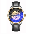 Men's automatic skeleton watch with gold steel case and black leather strap - Black Strap Gold Case Black Dial