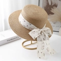 Cappello di paglia a cima piatta con nastro floreale in chiffon su supporto oro - 55-57cm (Regolabile) / Cachi (Nastro Floreale)
