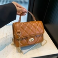 Classic brown quilted crossbody bag with gold chain strap and metal twist lock - Brown