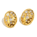 Vintage-style 18K gold plated oval stud earrings with clear crystals and textured finish - Gold-White Zirconia