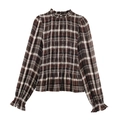 Women's plaid high neck long sleeve top with smocked front and ruffle details - XS / Brown Plaid