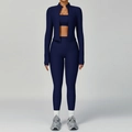 Three-piece dark blue ribbed yoga set with zip-up jacket, sports bra, and high-waist leggings - S / 3-Piece Set (Bra+Trousers+Jacket) / Navy Blue