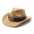 Detail of western cowboy hat featuring vintage bull head metal buckle and leather band - M(56-58cm) / Camel