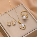 Golden jewelry set with pearls and diamonds featuring necklace, earrings and ring - Gold Pearl Pave Rhinestone Set (Necklace+Earrings+Ring) / Gold/White