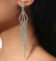Luxurious long tassel earrings with sparkling crystals and silver finish on model - Silver Geometric Hollow Long Tassel Earrings DTE1816126S