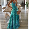 Bohemian V-neck maxi dress with ethnic floral print and tiered hem in turquoise color - S / Green