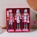 Pink glitter wood nutcracker king soldier 3-piece gift set in a red display box - Pink (3PCS Set)