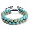 Macro view of adjustable double-layer turquoise and green lava stone braided bracelet - Natural Turquoise + Light Green Lava Rock