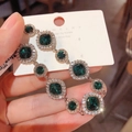 Emerald cut dark green gemstone drop earrings with S925 silver post and rose gold finish - Green