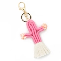 Pink and cream woven cotton cactus keychain with gold lobster clasp and tassel fringe - Pink