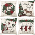 Set of 4 Christmas linen pillow covers featuring festive tree, snowman and wreath designs - TQYM60-33 Christmas Series A