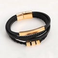Mehrlagiges schwarzes Lederarmband mit goldenem Magnetverschluss und Metallperlen für Damen - Gold