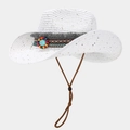 White woven straw cowboy hat with colorful beads and turquoise stone accent - One Size / White