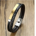 Multilayer black leather bracelet with gold stainless steel plate on wooden background - Metal Plate Decorative Style / Style 3 (Gold Plate Black Leather)