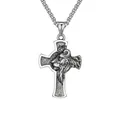 Collana a croce vintage in acciaio inossidabile con pendente leone e catena a scatola - Colore Acciaio (con catena a maglia tonda da 60 cm)