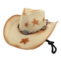 Détail du chapeau de cowboy en paille avec motif étoile et boucle en argent vintage - Beige