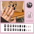 Set de uñas postizas con estampado de leopardo y purpurina con detalles en color negro - Estilo Leopardo Negro con Brillo (W3089) / 24 Pzs/Caja (Con Pegamento)