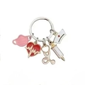 Medical themed alloy keychain with pink mask, stethoscope and heart charms - Pink Mask 5-Piece Set Keyring