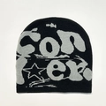 Black knit beanie hat with grey CON letter jacquard and star pattern for street fashion - Short Jacquard / Dark Grey
