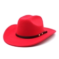 Detail of red wool felt cowboy hat with leather band and gold metal rivet accents - M(56-58cm) / Red