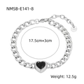 Pulsera de cadena de acero inoxidable plateado con una gema de circón negro de corazón - 17.5cm+3cm Cadena de extensión / Color Acero Circonita Negra