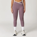 Cross-over yoga legging met hoge taille in grijs-paars met witte contrast biesjes - Taro paars
