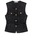 Dettaglio del gilet in tweed nero con paillettes, bottoni dorati e cintura in vita - XS / Nero