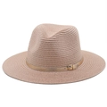 Detail of beige straw fedora hat featuring a gold metallic decorative band and square buckle - M (56-58cm) / Dusky Pink