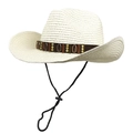 Detail of western straw hat with brown leather band and copper shell ornaments - Creamy White