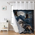 Waterproof bathroom shower curtain featuring wolf and eagle print over a mountain landscape - 181x188cm Single Shower Curtain / Wolf and Eagle Pattern