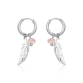 Silver woven heart earrings with pink crystal and feather charm featuring 'Shine' engraving - Feather Shine Pendant / Silver