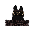 Punk black enamel cat brooch featuring yellow goggles and dysfunctional text badge - Cat-I put the fun in DYSFUNCTIONAL