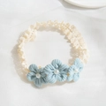 Infant lace headband featuring light blue fabric flowers and white pearl accents - Blue-Green Three-petal Flower