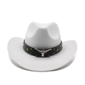Detailed view of white felt cowboy hat with leather band and silver bull head emblem - M (56-58cm) / White