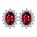 Sparkling sunflower earrings featuring oval red gemstones surrounded by white crystals - Red Diamond Pair Price [with Earplugs] Tz-18