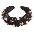 Fashionable knotted black fabric headband with colorful gemstones and white pearls - Black