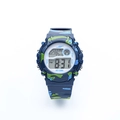 Digital kids sports watch featuring blue and green camo patterns with LED backlight display - Camo Blue