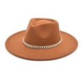 Detail of wide brim brown fedora hat featuring a chunky gold metal chain decoration - M (56-58cm) / Khaki